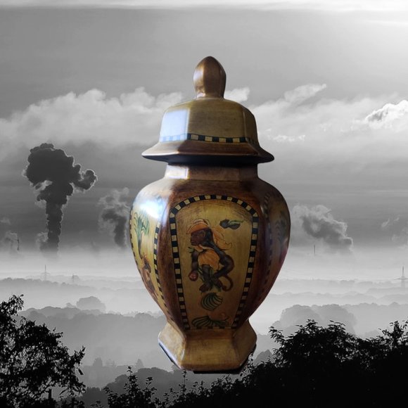 Aztek Monkey & Palm Tree Ginger Jar - Large Ceramic - Bronzed - Picture 2 of 10